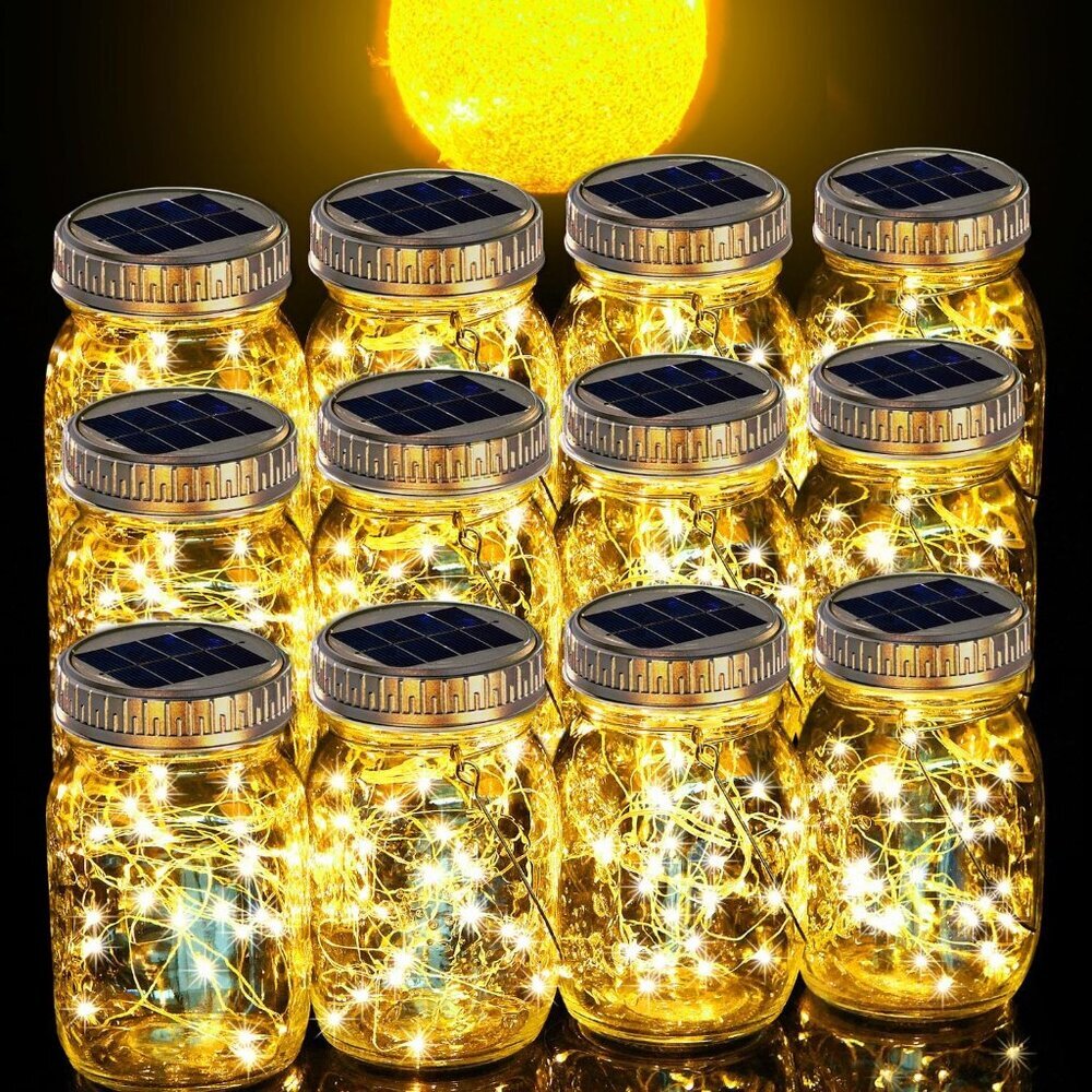 12 Pack Solar Lanterns Outdoor Waterproof Upgraded Crystal Glass Solar Mason Jar